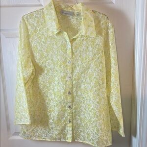 Susan Bristol Yellow Floral Sheer Button Down Blouse Size XL